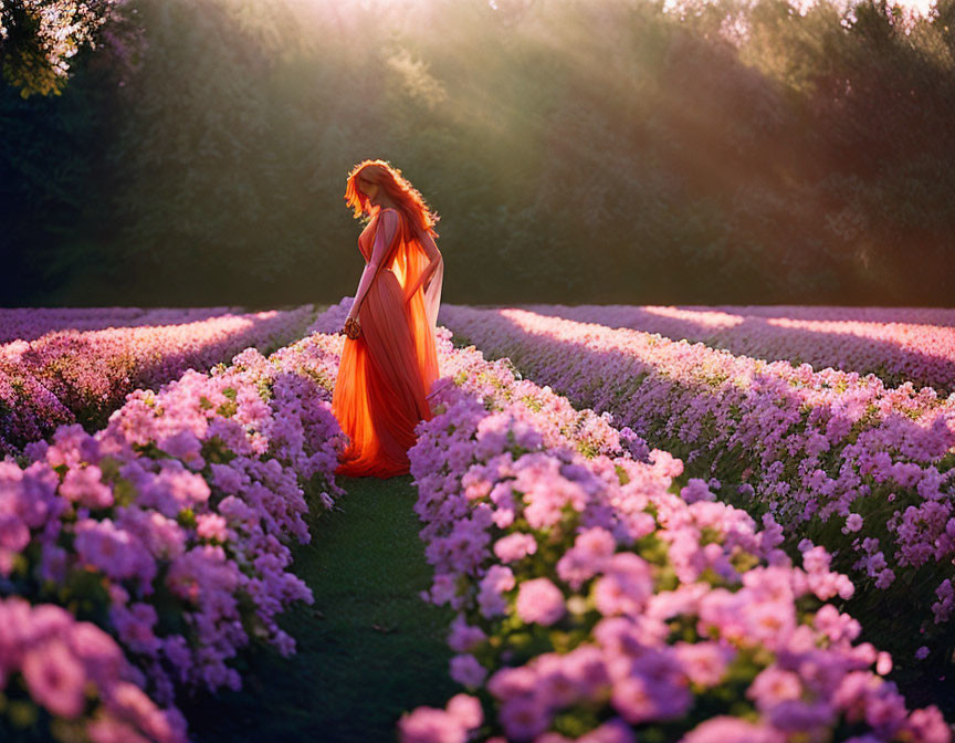 Woman in Orange Dress Surrounded by Purple Flowers and Sunlight