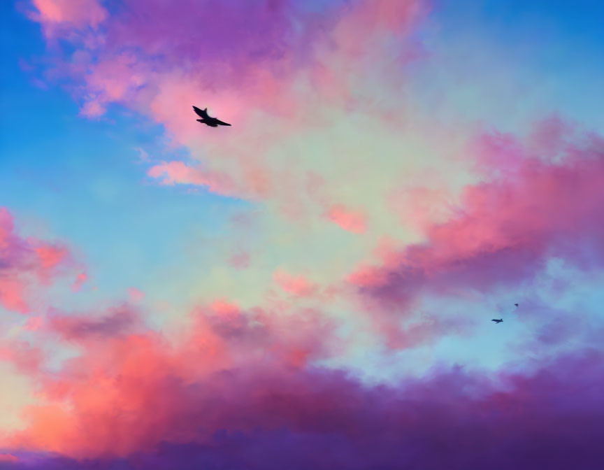 Bird silhouette against vibrant pink, blue, and orange sky at sunset or sunrise