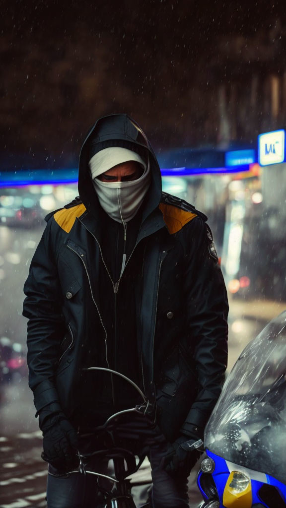 Person in Black Hooded Jacket with Yellow Details Beside Motorcycle in Rainy Night
