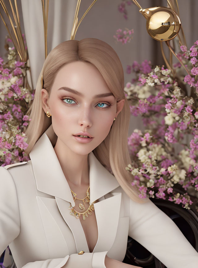 Digital rendering of a woman with blue eyes, blonde hair, white blazer, gold jewelry, pink