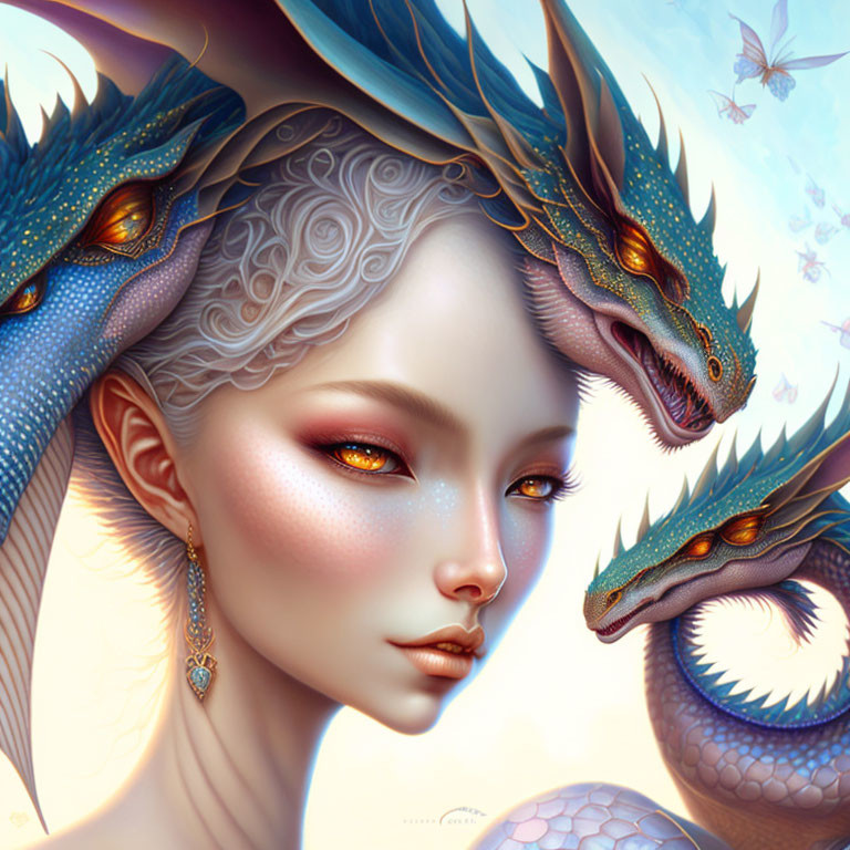 Fantasy-themed digital art of serene woman with white hair and dragon-like creatures