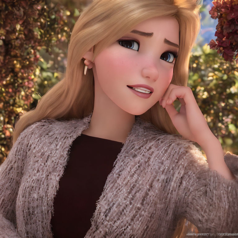 Blonde woman in brown sweater with dreamy expression