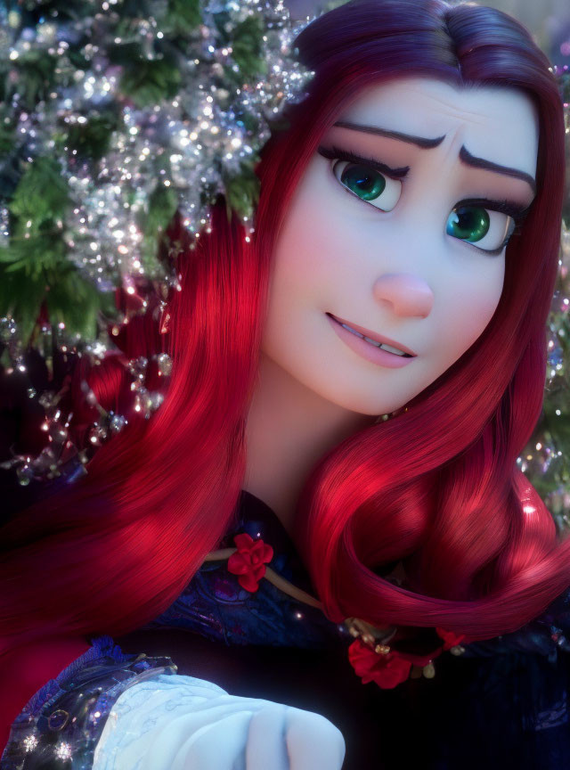 Vibrant red-haired animated character by a Christmas tree