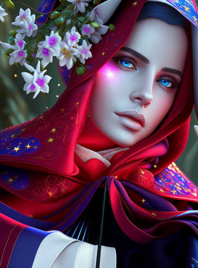 Woman with Blue Eyes in Red Cloak and Floral Hair Artwork