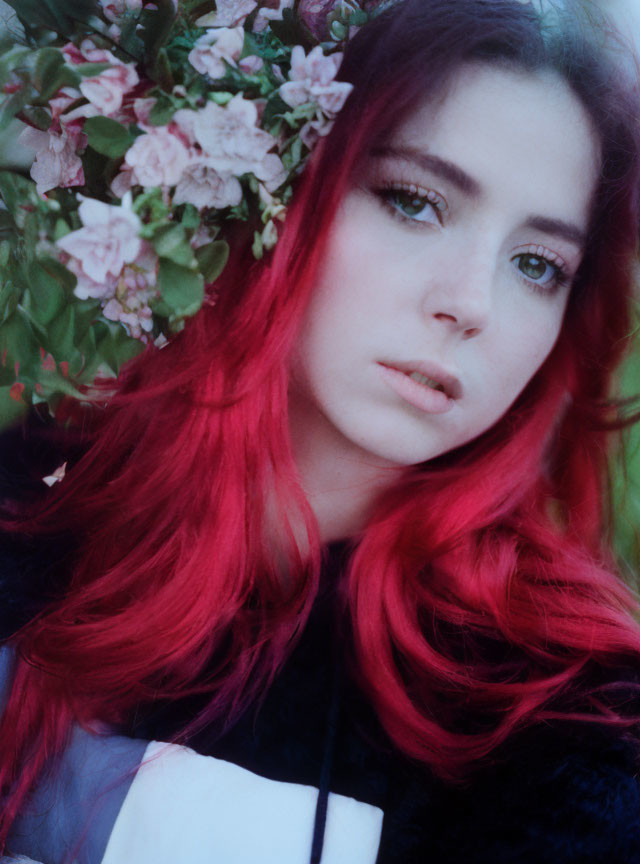 Red-haired person in contemplative pose among pink flowers and greenery