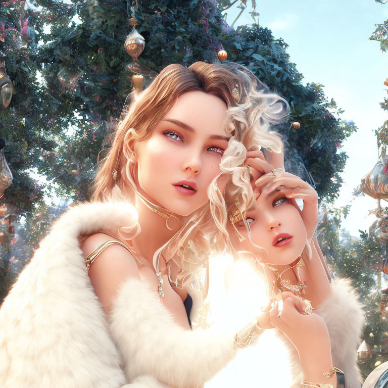 Stylized women in white fur clothing with intricate jewelry in sunlit garden