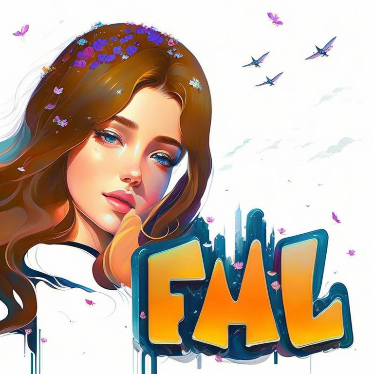 Woman with flower-adorned hair beside graffiti-style "FHL" letters, butterflies, cloudy sky