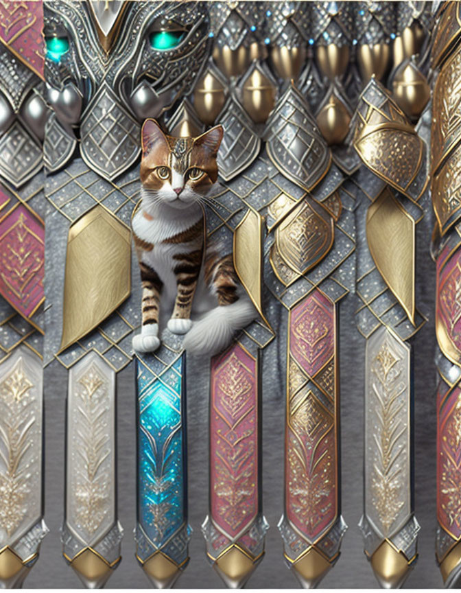 Tabby cat surrounded by ornate shields and armor pieces