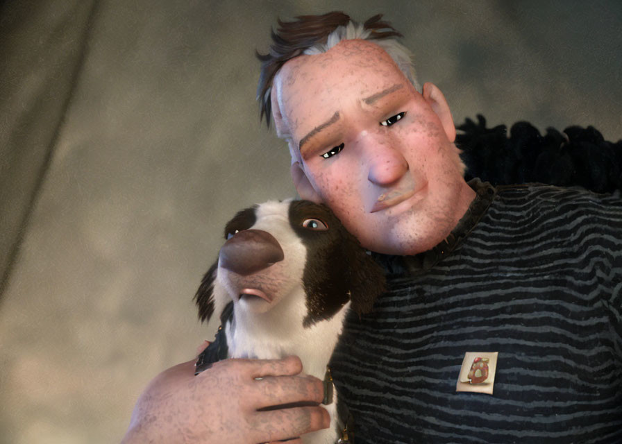 CG Animated Man with Freckles and Black & White Dog in Affectionate Moment