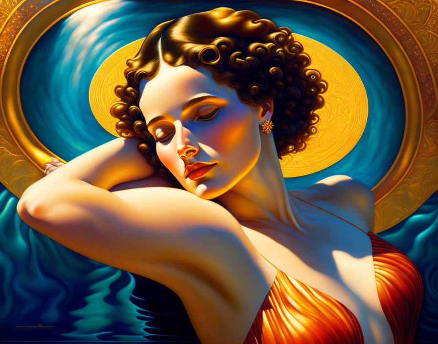 Stylized painting of woman with curly hair against golden circles and blue waves