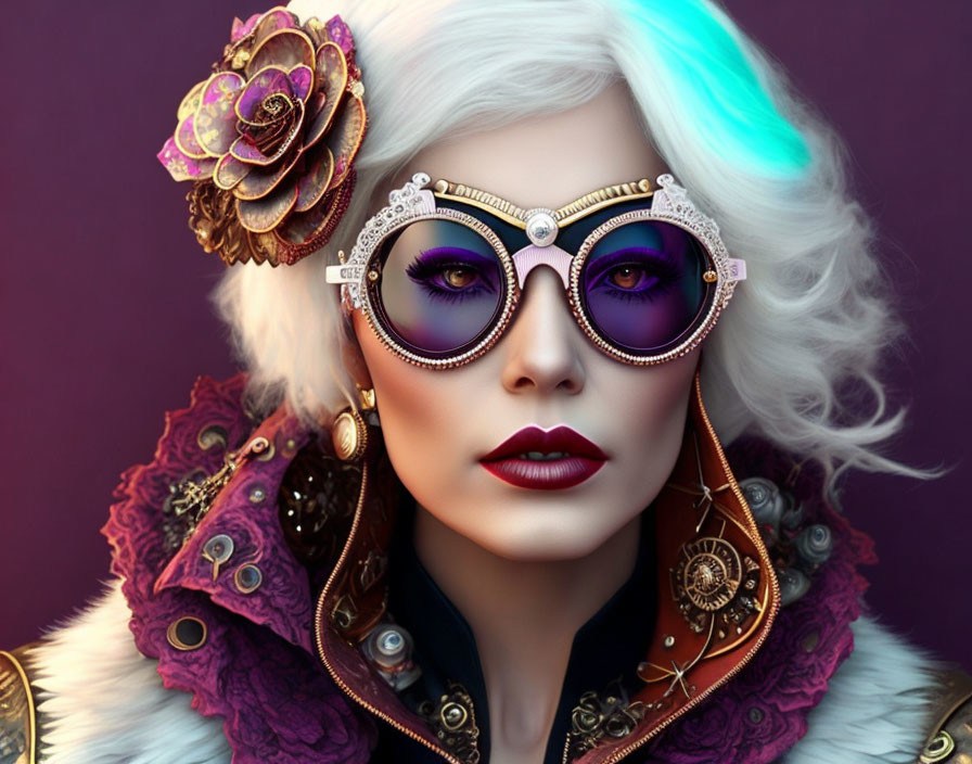Illustration of woman with steampunk goggles and ombre hair in ornate attire