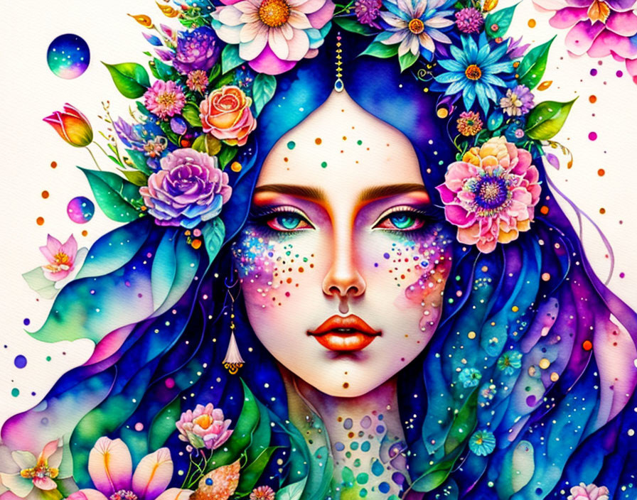 Illustration of woman with blue-purple hair and floral adornments, pale skin, and green eyes