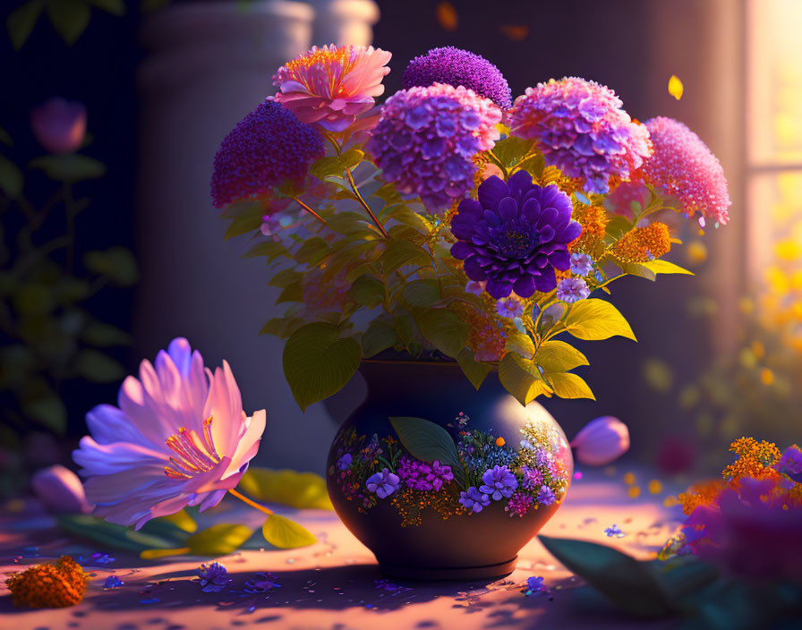 Colorful flowers in patterned vase under warm light