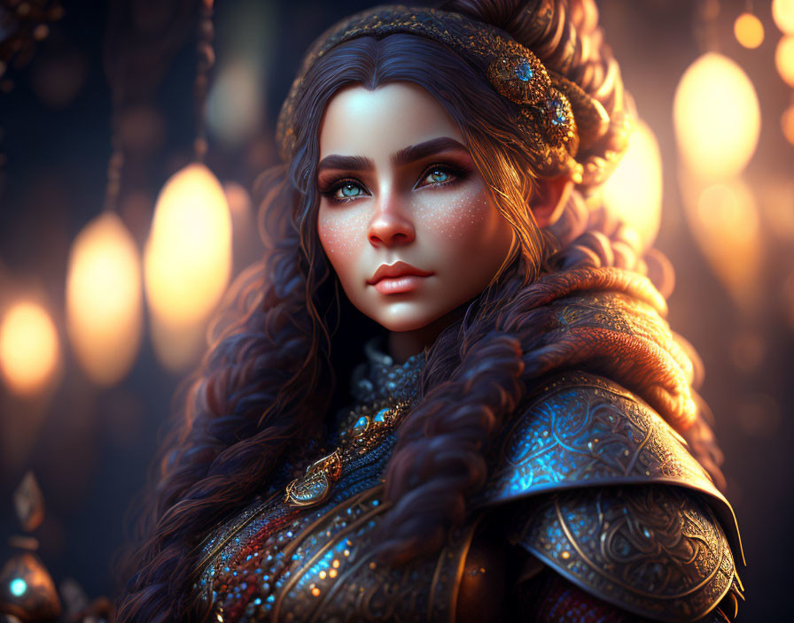 Detailed digital portrait of woman in armor with blue eyes and gold hair accessories in warm glowing lights