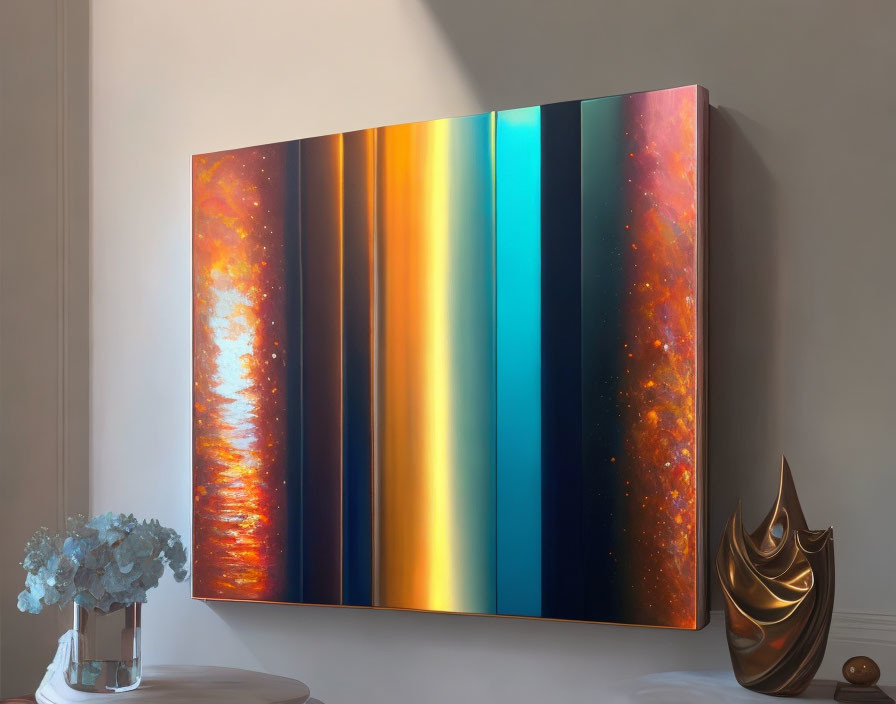 Colorful Abstract Painting with Cosmic and Fiery Vertical Stripes on Light Wall