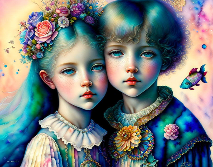 Whimsical children with multicolored hair and flowers in digital painting