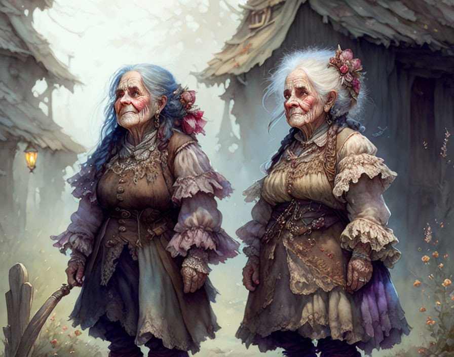 Elderly fantasy women in vintage attire with floral adornments by rustic houses