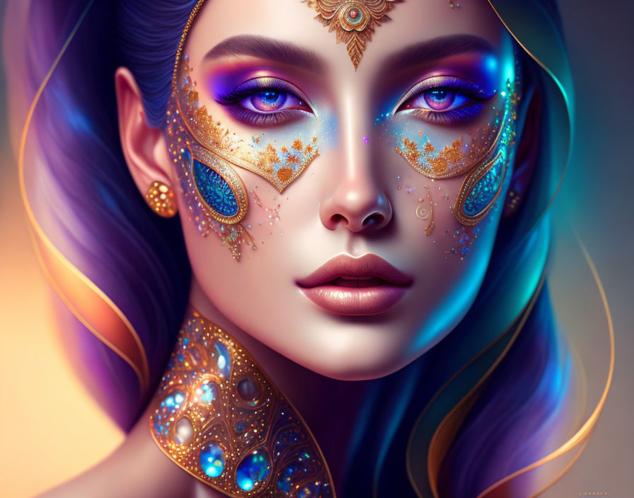 Vibrant makeup and ornate gold accessories on a woman in digital art