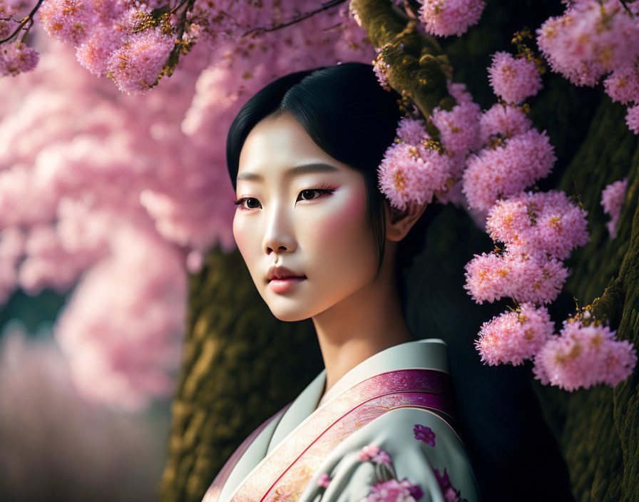 Traditional Attire Woman Standing by Pink Blossom Tree