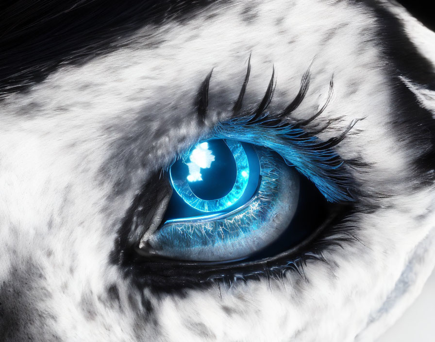 Blue eye with glossy reflection, long eyelashes, white and grey feathers.
