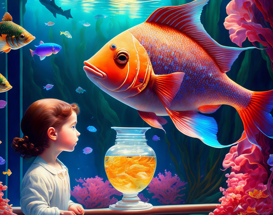 Child observing vibrant underwater scene with large orange fish outside tank and small fish in bowl.