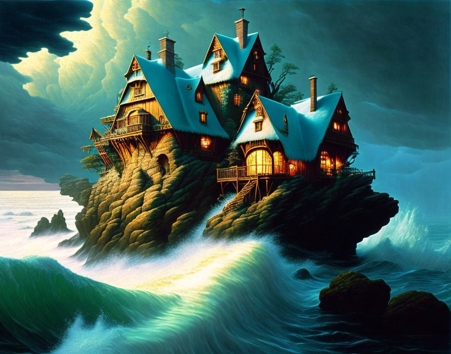 Illustrated fantasy house on rocky cliff in stormy seas