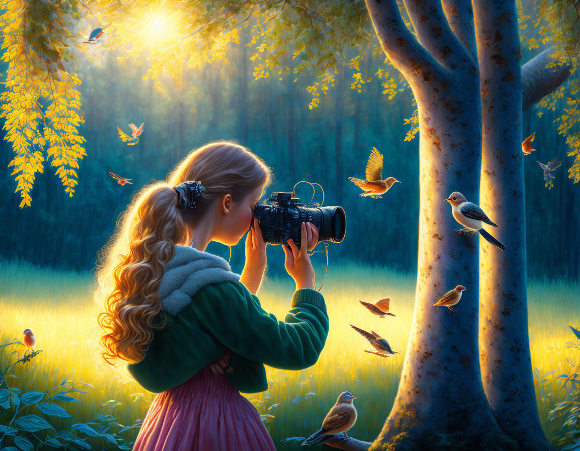 Young girl captures birds in enchanted forest under golden sunlight