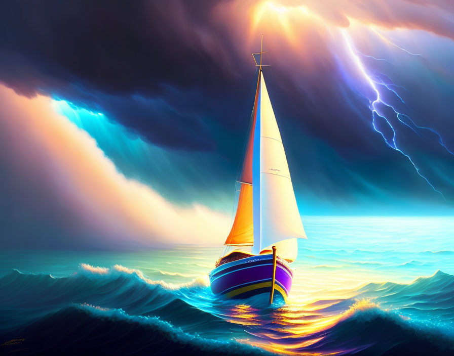 Sailboat with bright sails in tumultuous ocean waves under dramatic sky