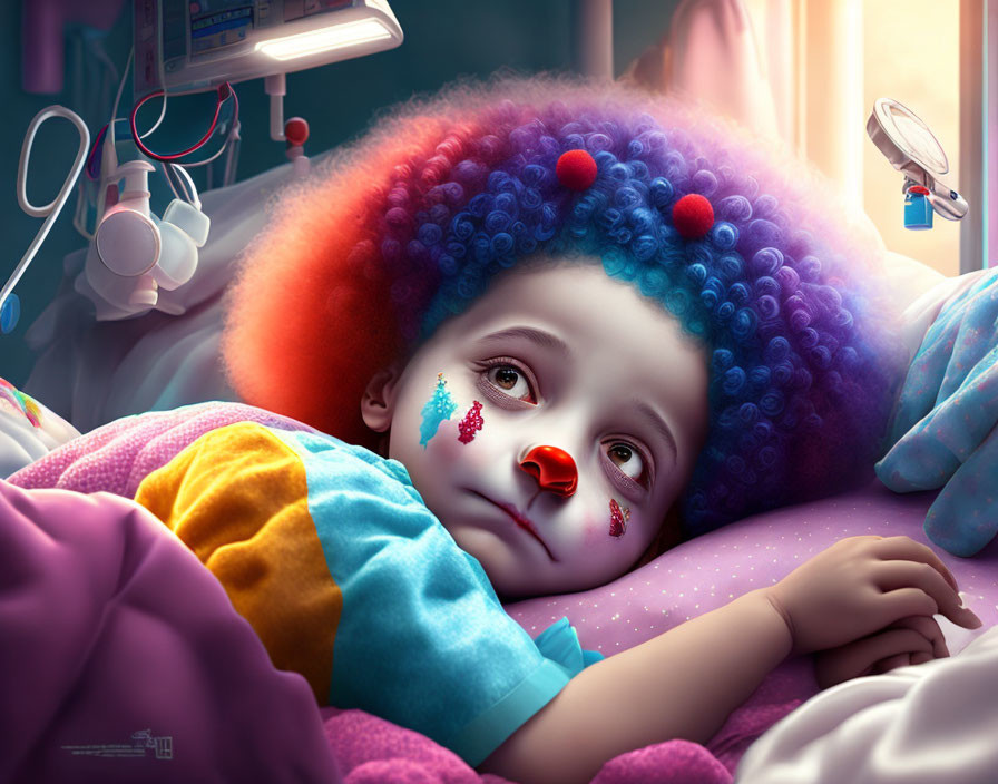 Child with Blue Curly Hair and Clown Makeup Reflects in Hospital Bed