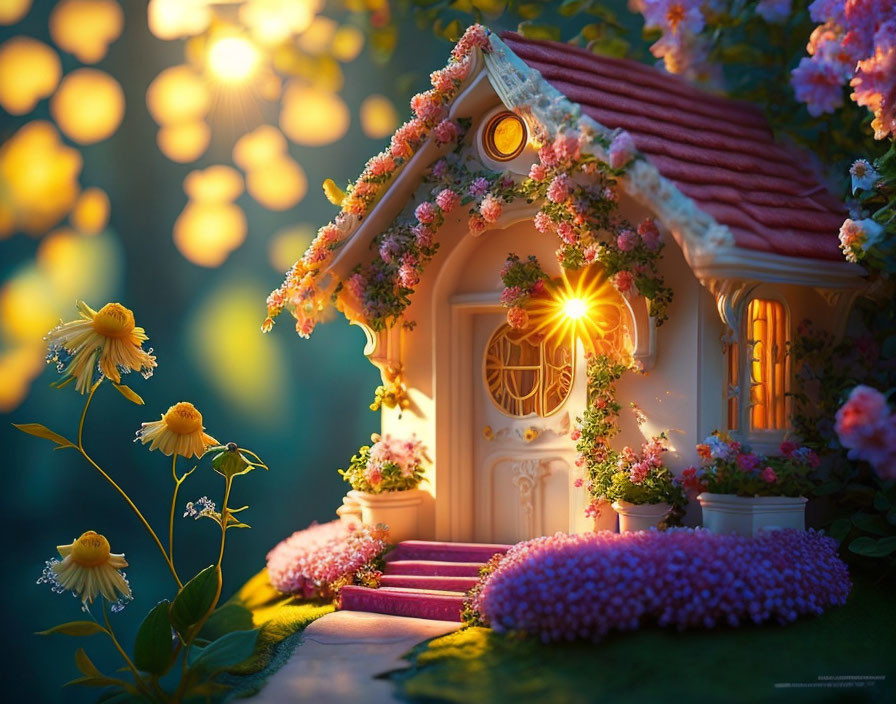 Miniature cottage in lush greenery with warm glowing light at sunset