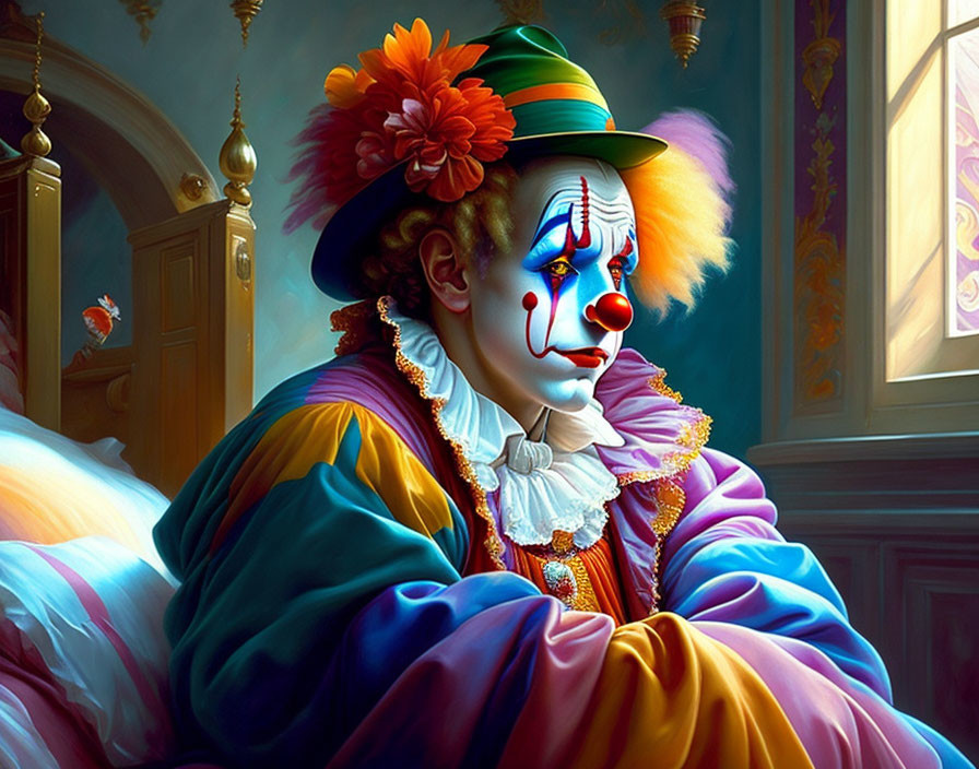 Colorful sad clown in elaborate costume and makeup gazes out window at blue sky