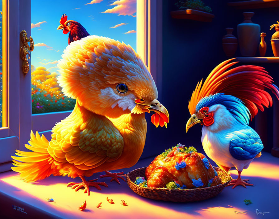 Vibrant Illustration of Chickens and Cooked Chicken on Table