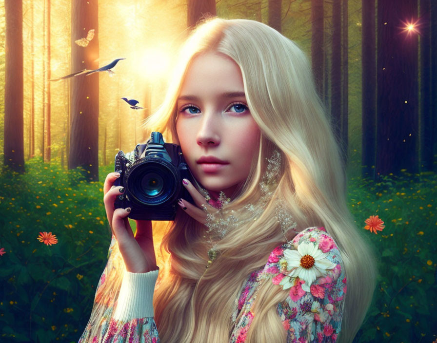 Blonde woman with camera in forest under sunlight with flying birds