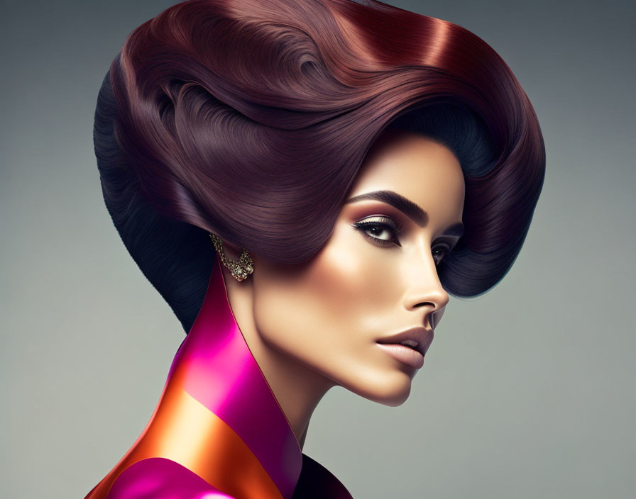 Dramatic hairstyle and makeup with gold earring and silk garment