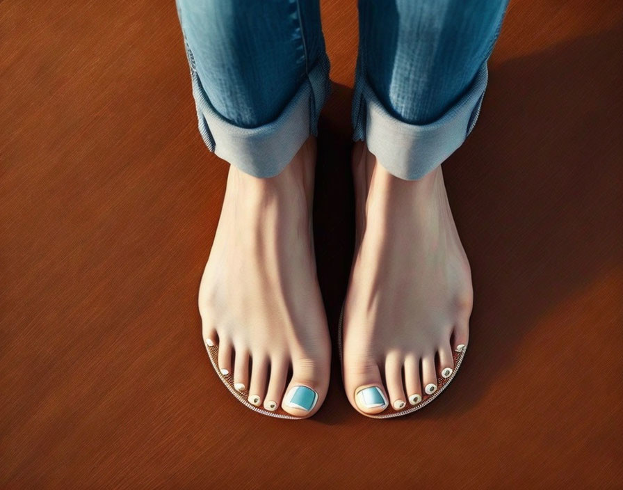 Blue toenail polish on bare feet in open sandals on dark wood floor