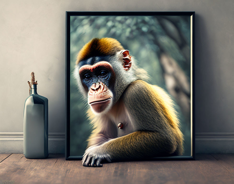 Realistic monkey portrait with orange, white, and black fur on wooden floor beside blue glass bottle