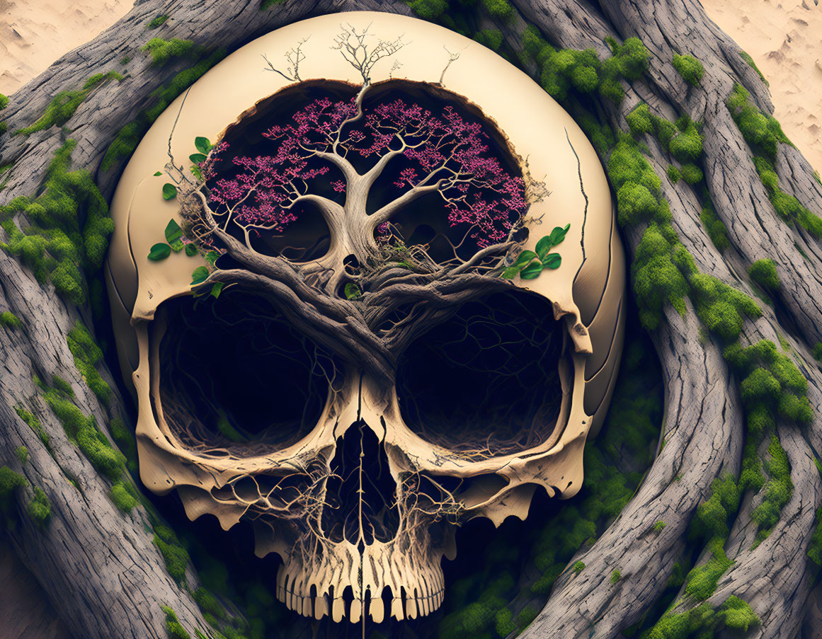 Human skull merged with tree roots and branches, adorned with purple flowers on textured background
