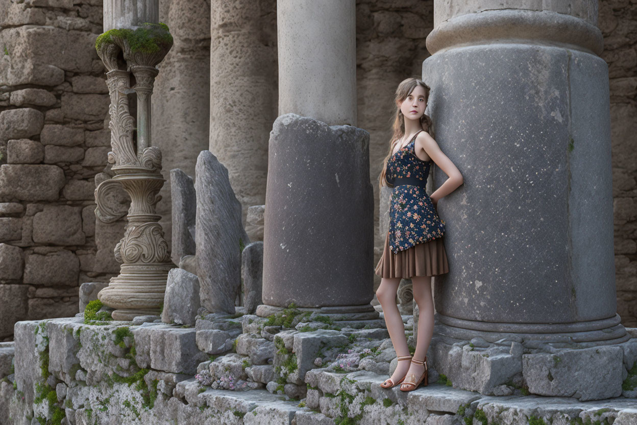 Young woman in floral dress by ancient columns exudes timeless elegance
