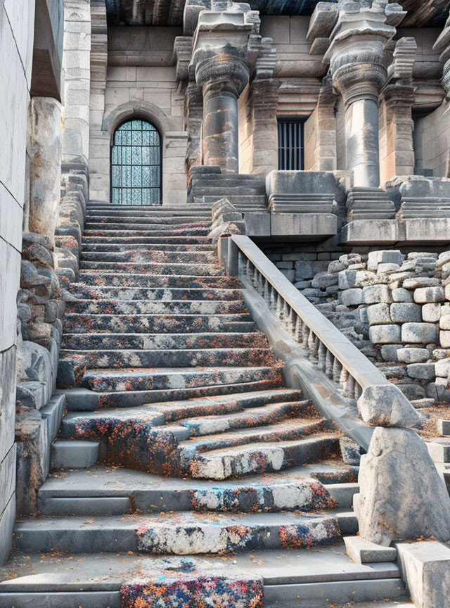 Ancient stone staircase with colorful flower petals and large columns.