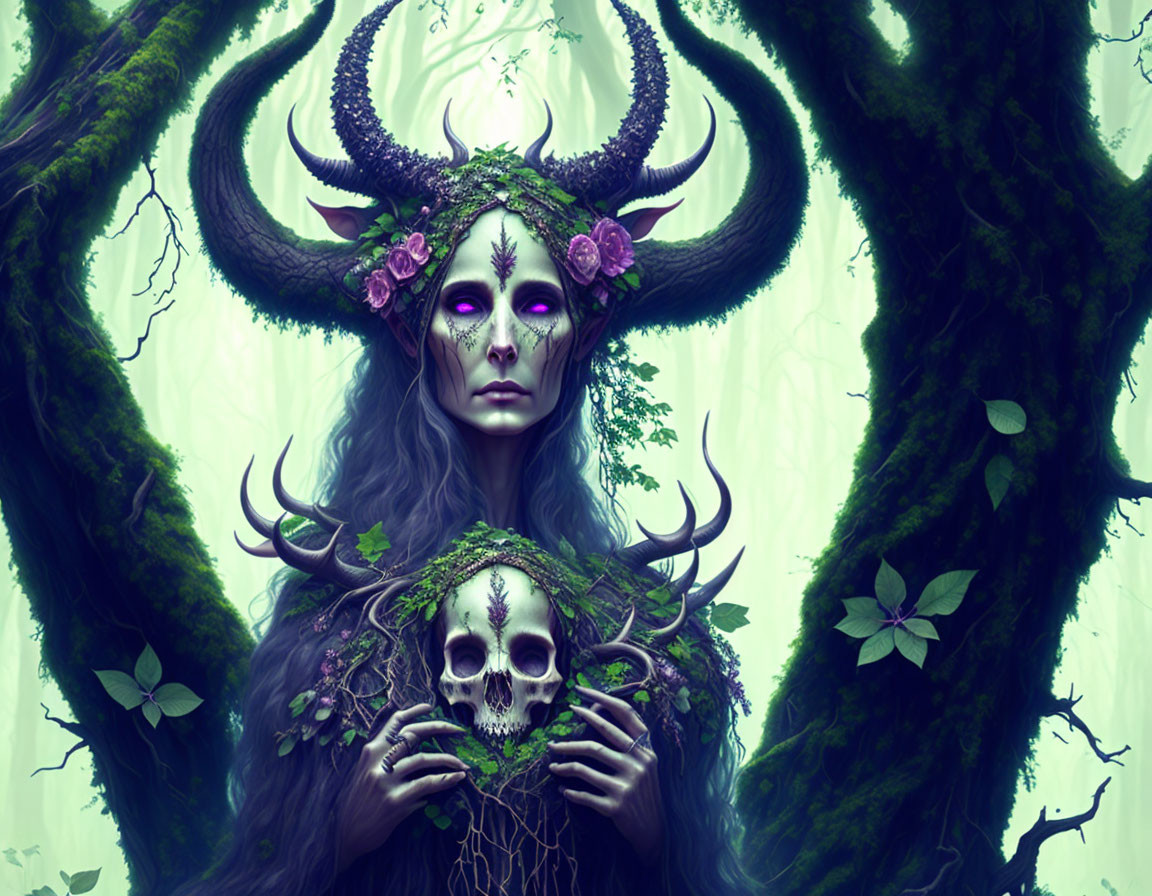 Mystical figure with antlers holding a skull in forest with ethereal green tones
