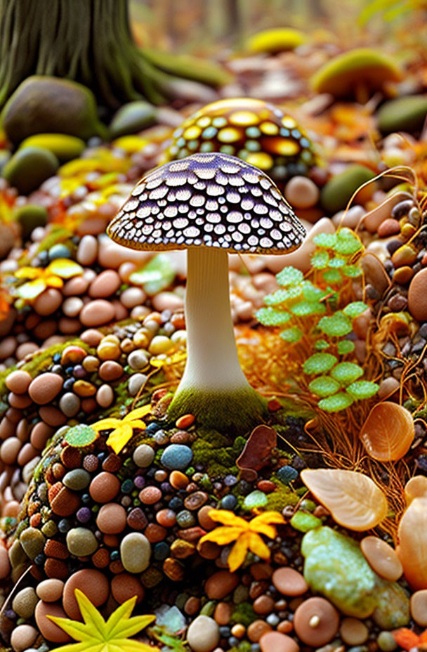 Colorful Mushroom Among Pebbles and Leaves in Digital Art