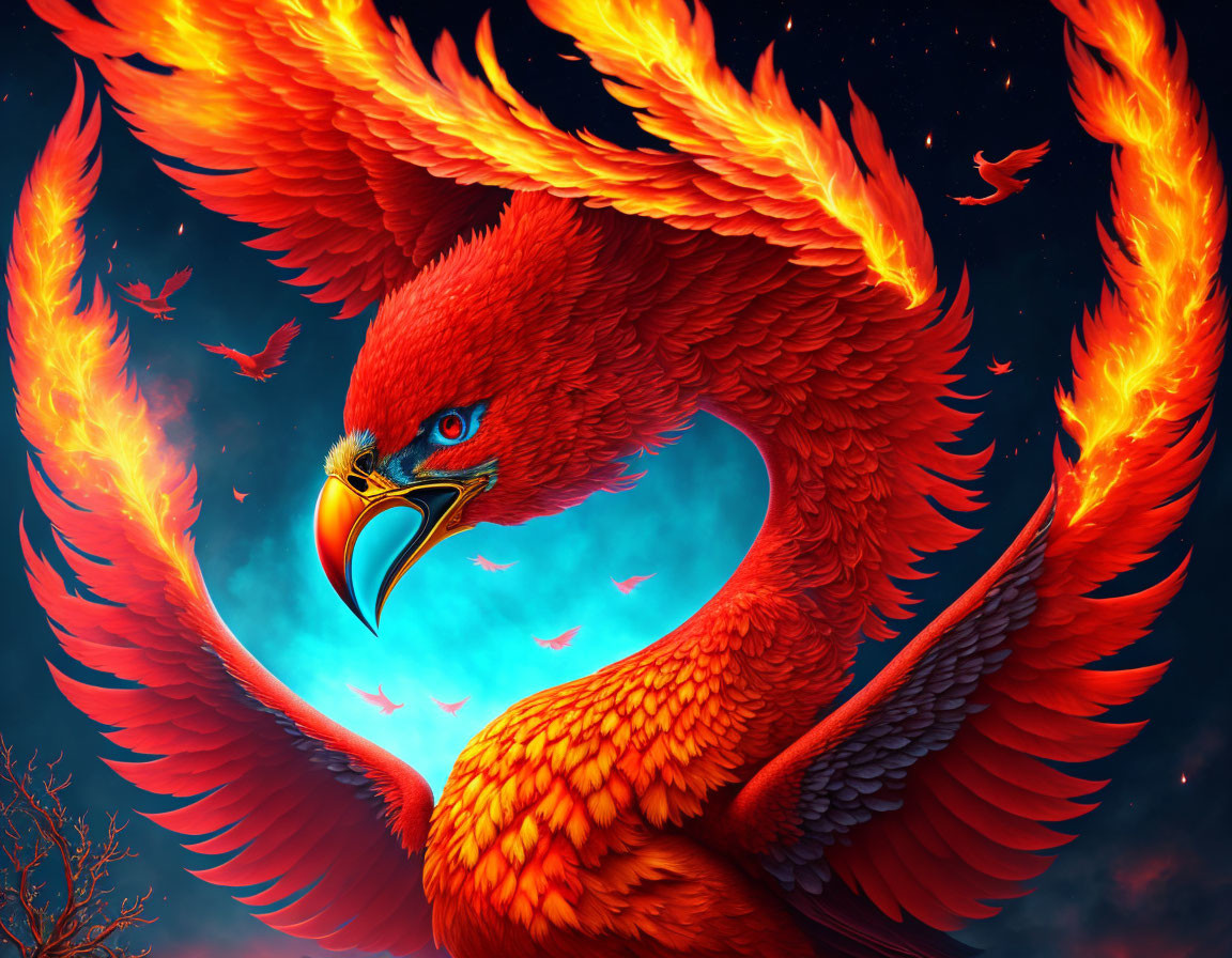 Vibrant red and orange fiery phoenix against dramatic night sky