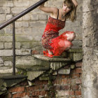 Woman in Red Dress Sitting on Moss-Covered Stairs with Ivy Leaves