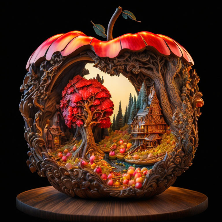 Circular Apple Frame Sculpture with Fantasy Landscape