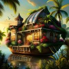 Houseboat with greenery, flowers, palm trees, and birds in golden sunset