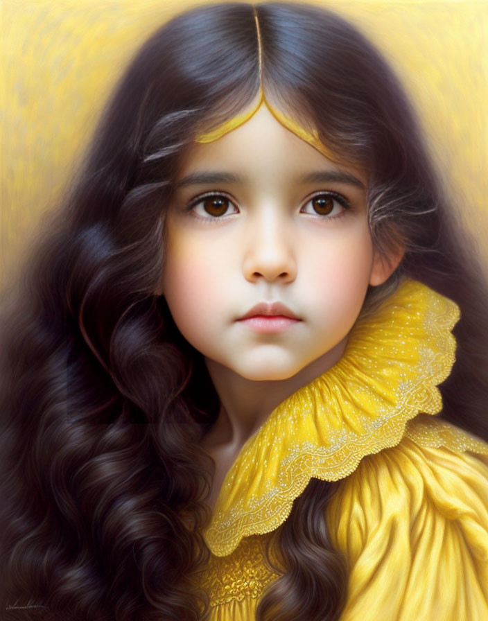 Portrait of young girl with long curly hair and big brown eyes in yellow dress against golden background