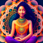 Woman in vibrant yoga attire meditates with colorful mandala patterns.