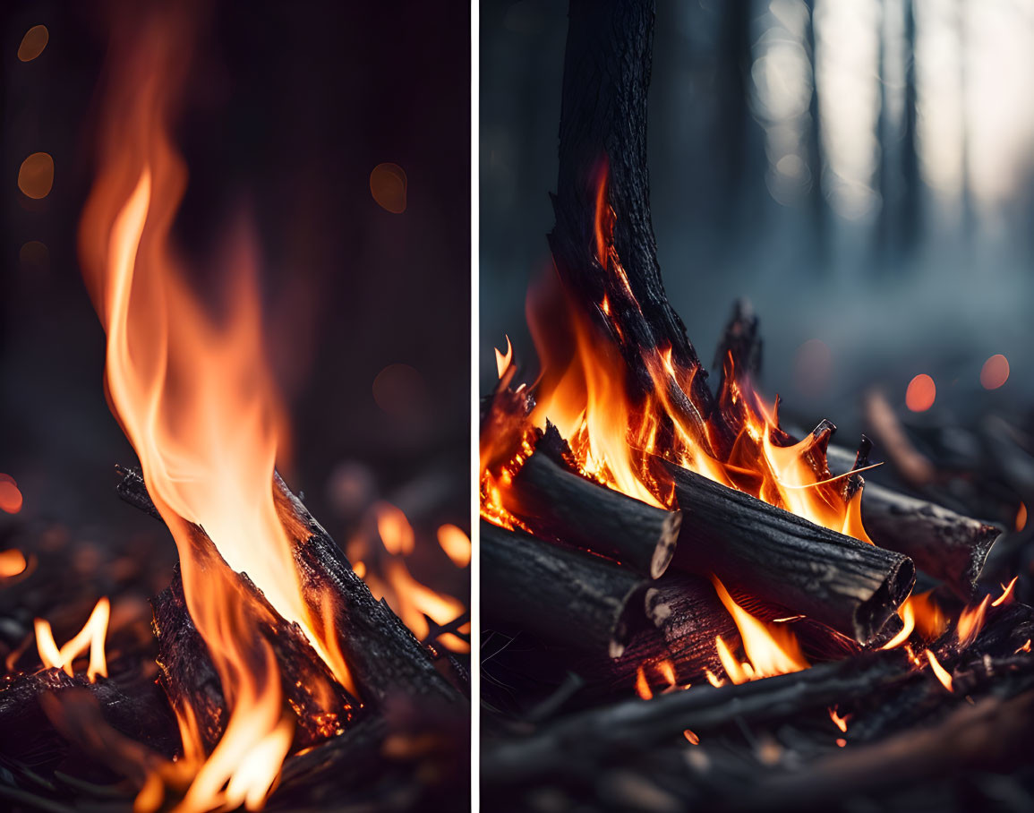 Vibrant campfire collage with flames and forest backdrop
