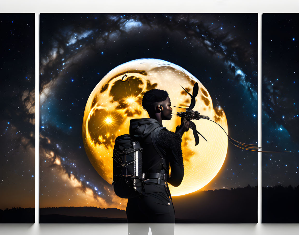Silhouette Archer Triptych Art: Moonlit Night Sky