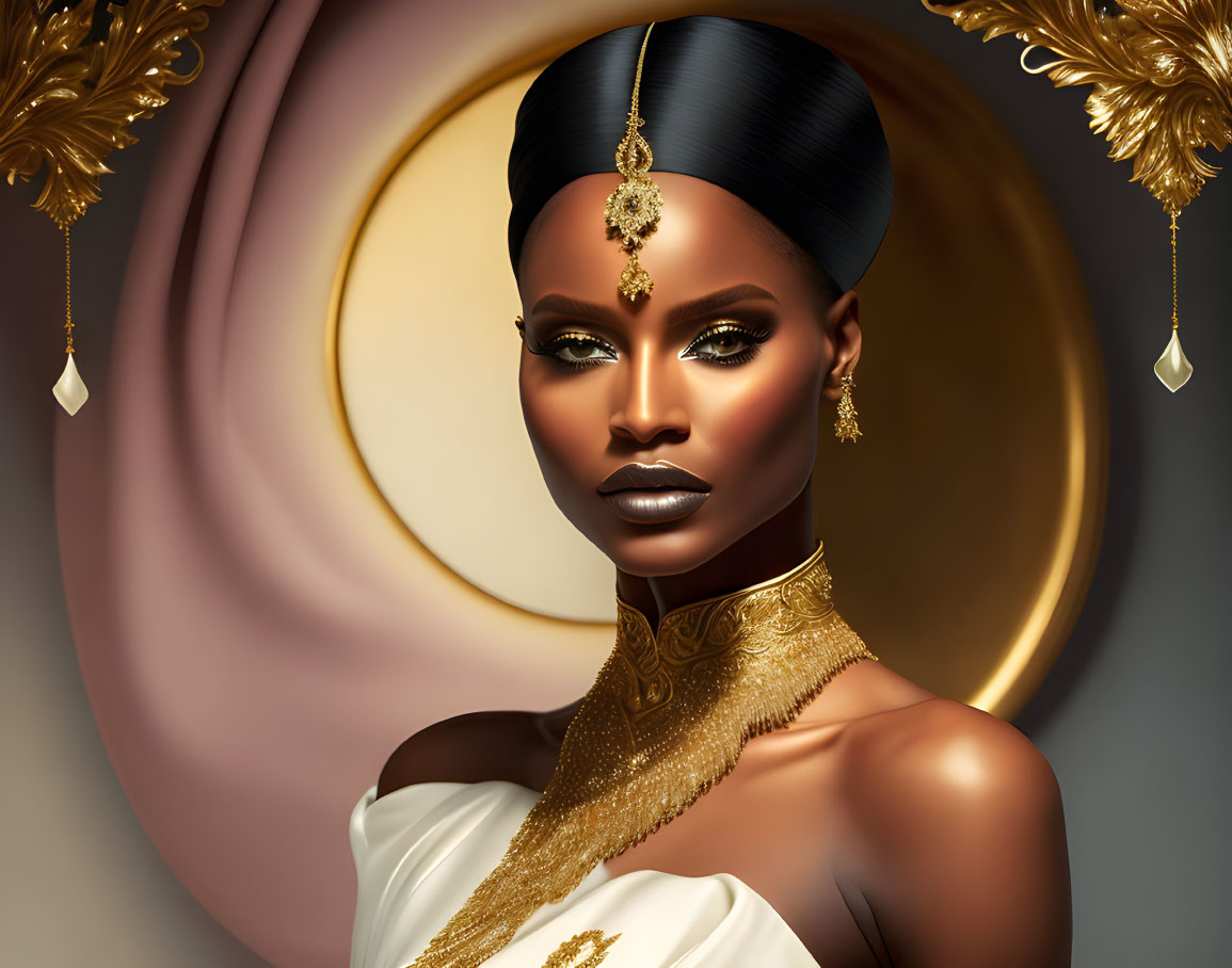 Digital portrait: Woman with sleek updo, gold jewelry, set in swirling gold & cream tones